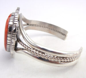 Navajo Walter Vandever Red Spiny Oyster and Sterling Silver Heart Cuff Bracelet