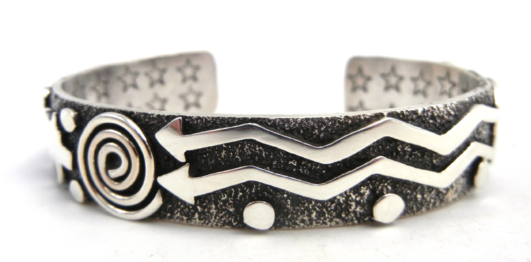 Navajo sterling silver petroglyph style cuff bracelet by Alex Sanchez