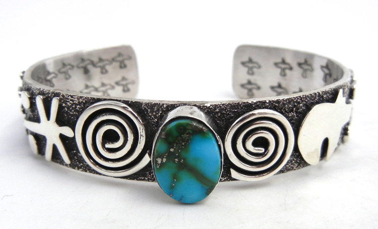 Navajo turquoise and sterling silver petroglyph style cuff bracelet by Alex Sanchez