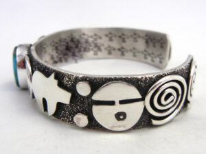 Navajo Alex Sanchez Sterling Silver and Turquoise Petroglyph Style Cuff Bracelet