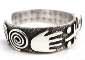 Navajo Alex Sanchez Sterling Silver and Turquoise Petroglyph Style Cuff Bracelet