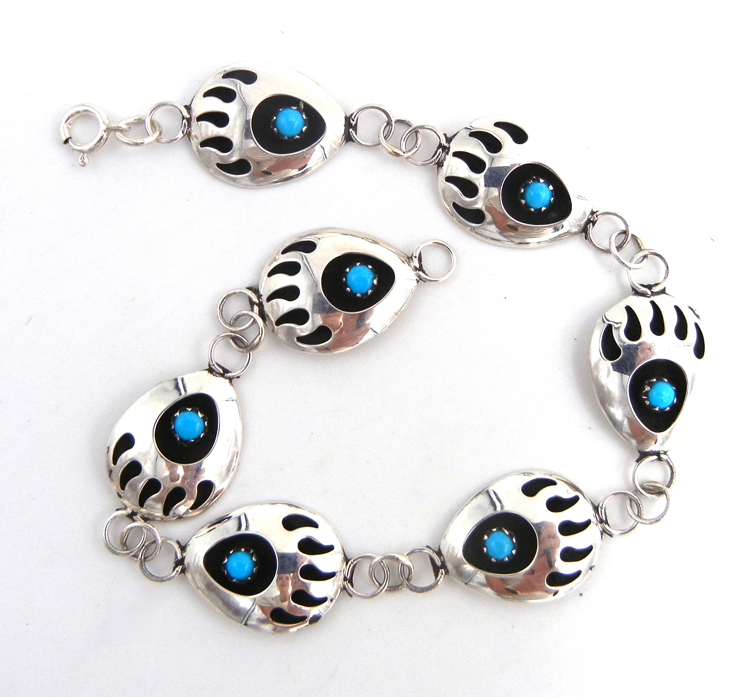 Navajo sterling silver and turquoise shadowbox style bear paw link bracelet