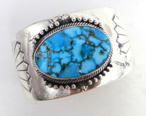 Navajo Kingman turquoise and sterling silver wide band cuff bracelet by Will Denetdale