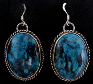 Navajo oval Kingman turquoise and sterling silver dangle earrings by Leonard and Racquel Hurley