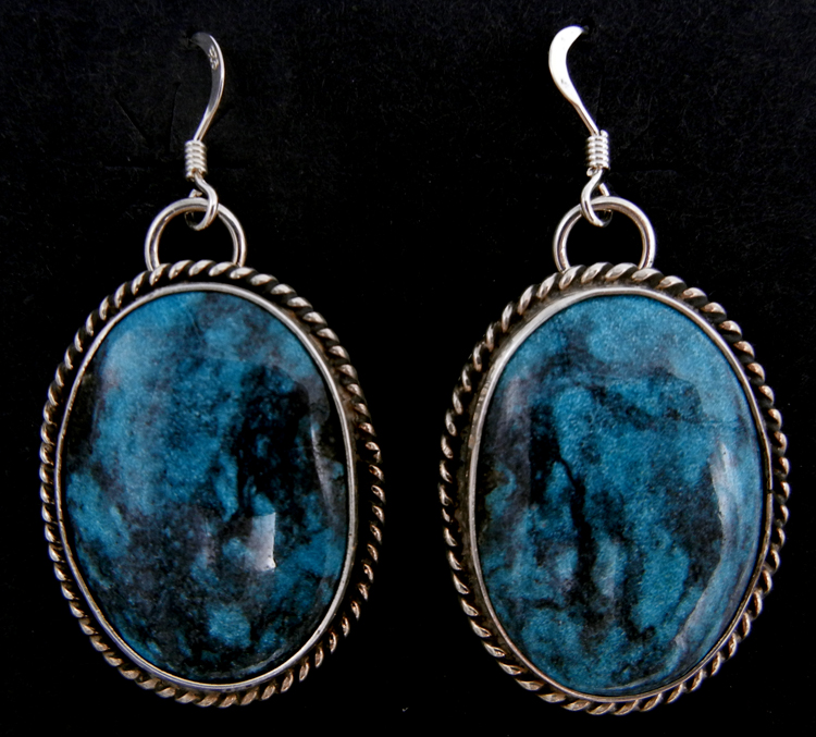 Navajo oval Kingman turquoise and sterling silver dangle earrings by Leonard and Racquel Hurley
