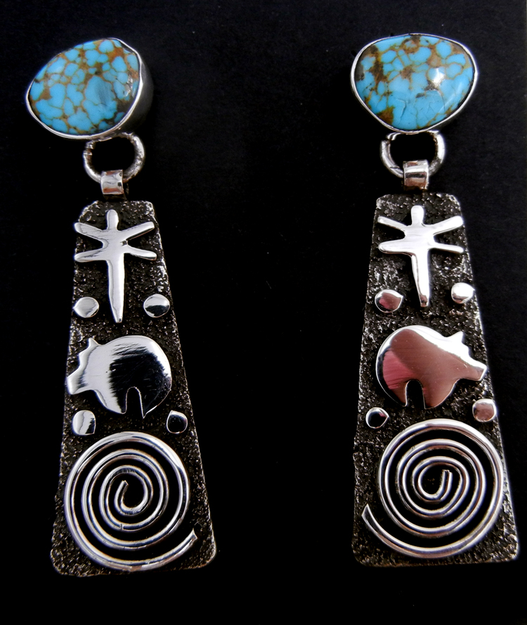 Navajo turquoise and sterling silver petroglyph style post dangle earrings by Alex Sanchez