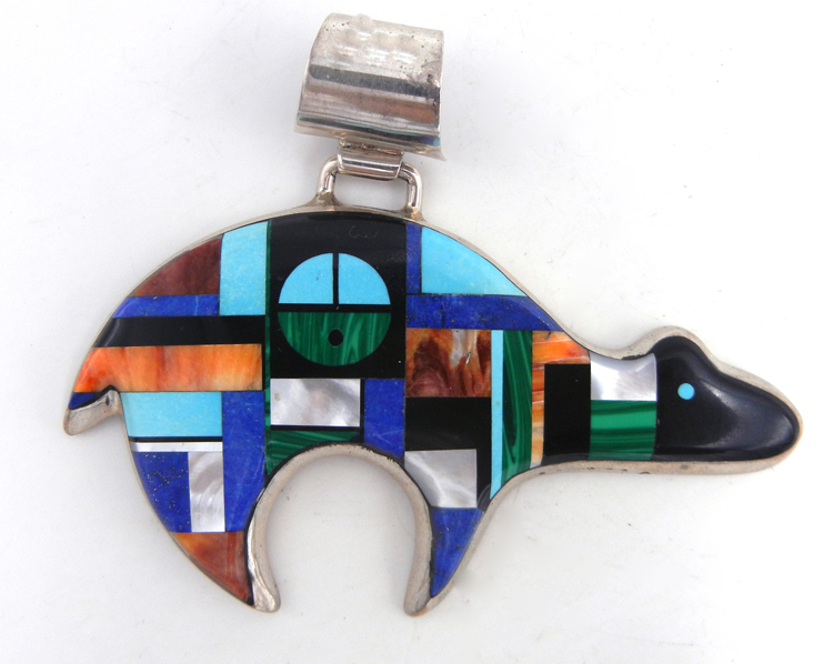 Navajo multi-stone inlay and sterling silver large bear pendant by Frank Yellowhorse