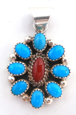 Navajo turquoise, coral and sterling silver cluster pendant