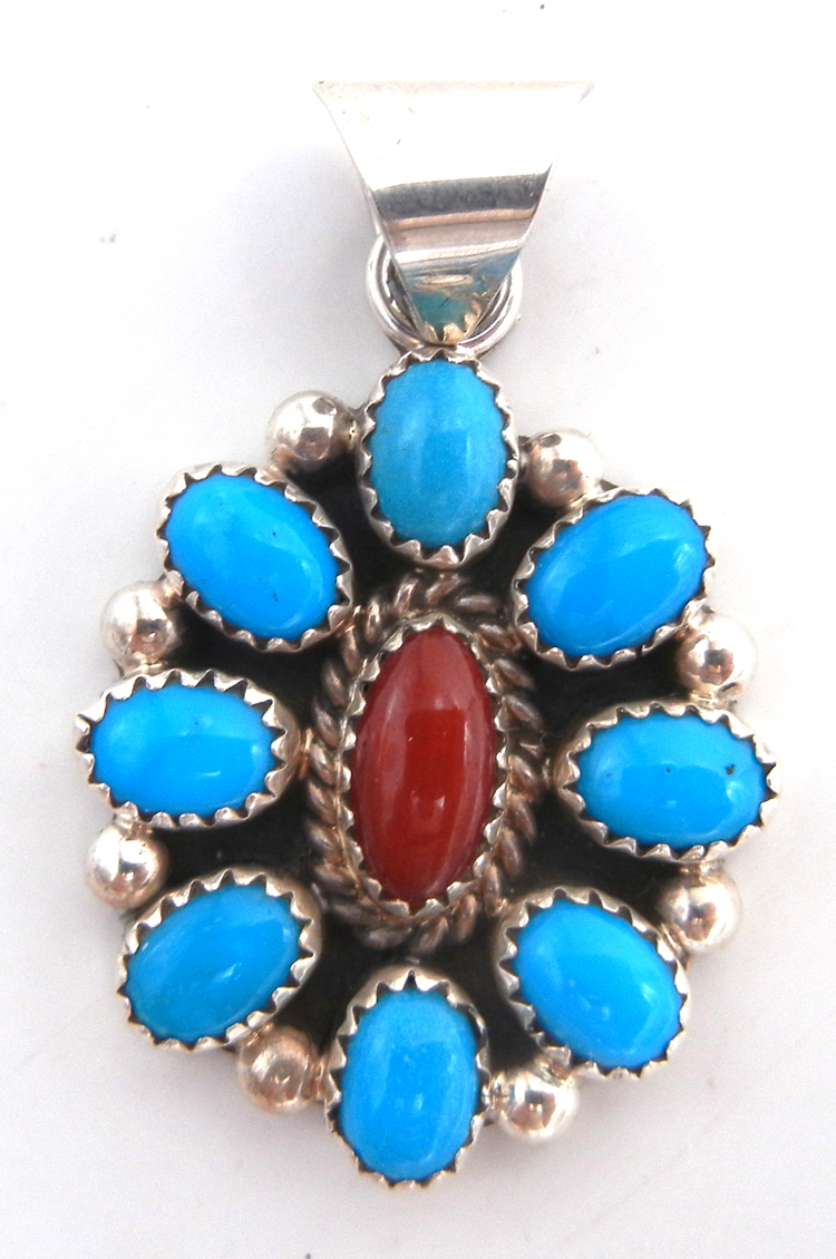 Navajo turquoise, coral and sterling silver cluster pendant