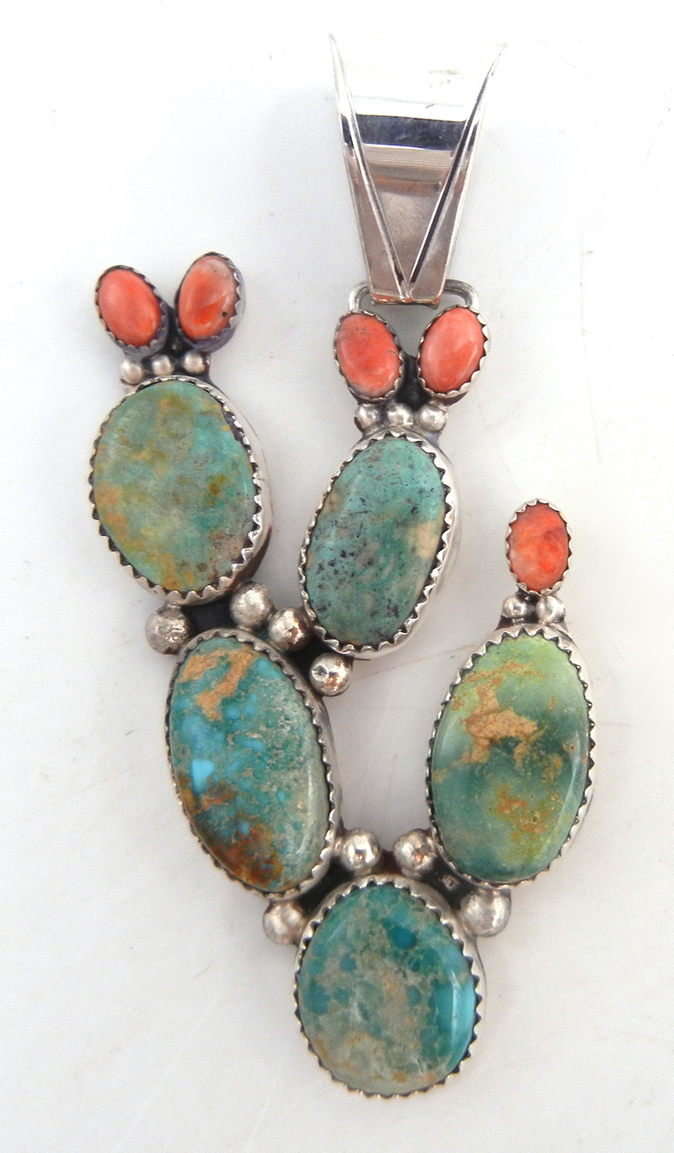Navajo large turquoise, red spiny oyster shell and sterling silver prickly pear cactus pendant