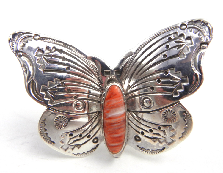 Navajo reddish orange spiny oyster shell and sterling silver adjustable butterfly ring by Melissa Willie