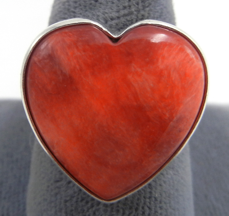Navajo red spiny oyster shell and sterling silver heart ring