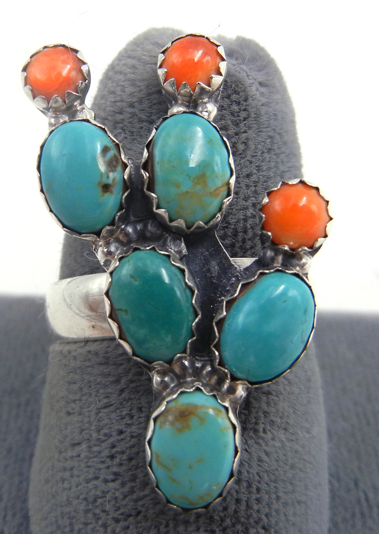 Navajo turquoise, orange spiny oyster shell and sterling silver prickly pear cactus ring