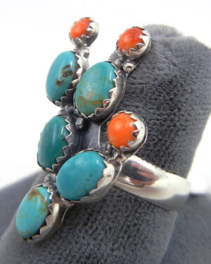 Navajo Small Turquoise, Spiny Oyster Shell and Sterling Silver Prickly Pear Cactus Ring