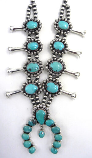 Navajo Turquoise and Sterling Silver Squash Blossom Necklace