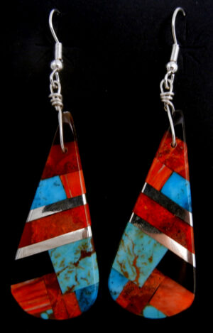 Santo Domingo multi-stone and sterling silver inlay tear drop slab earrings by Daniel Coriz