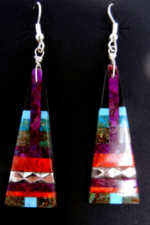 Santo Domingo multi-stone and sterling silver inlay triangular slab earrings by Daniel Coriz