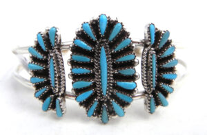 Zuni turquoise needlepoint and sterling silver cuff bracelet by Judy Wallace