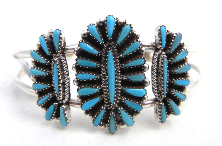 Zuni turquoise needlepoint and sterling silver cuff bracelet by Judy Wallace