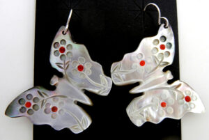 Zuni carved black lip mother of pearl butterfly dangle earrings by Cheryl Beyuka