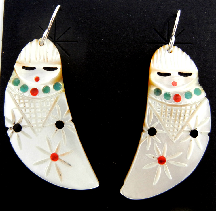 Zuni carved white and golden mother of pearl corn maiden earrings with jet, turquoise and coral accents by Cheryl Beyuka