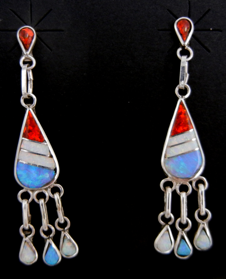 Zuni multi-colored lab opal and sterling silver inlay post dangle earrings