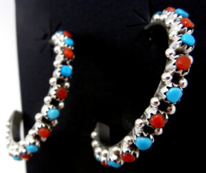 Zuni Turquoise and Coral Petit Point and Sterling Silver Hoop Earrings