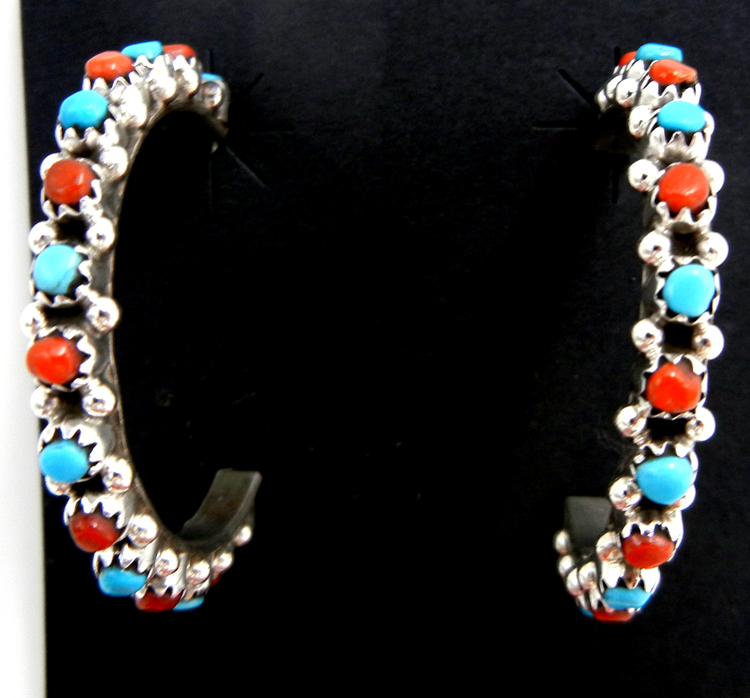 Zuni turquoise, coral and sterling silver petit point hoop earrings