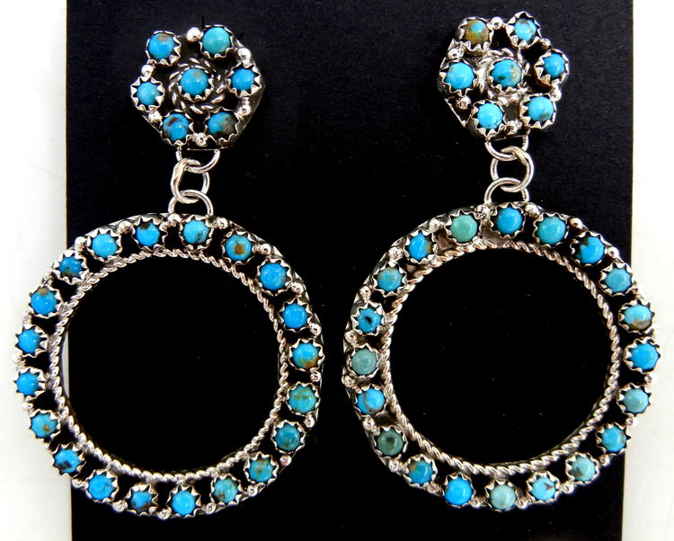 Zuni turquoise petit point and sterling silver circular cut out post dangle earrings