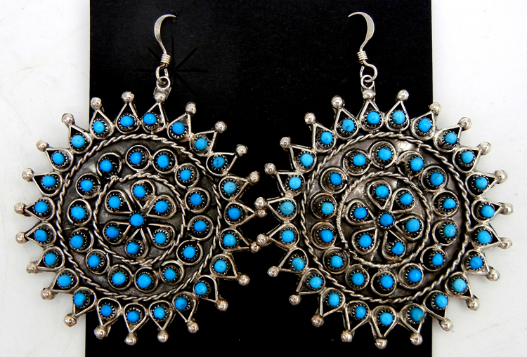 Zuni sterling silver and turquoise petit point large sunburst dangle earrings
