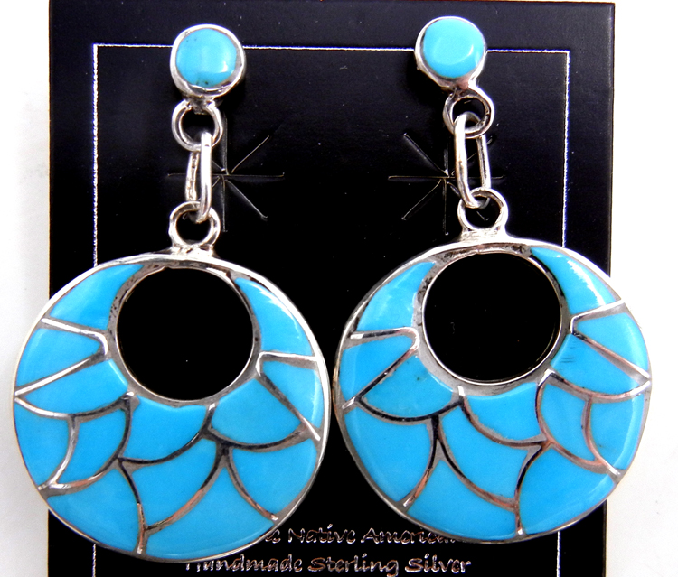 Zuni turquoise and sterling silver inlay post dangle cut out earrings