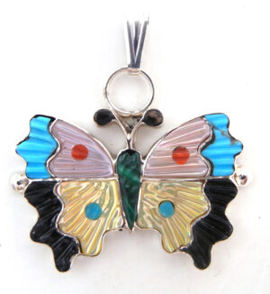 Zuni multi-stone inlay and sterling silver butterfly pendant by Tamara Pinto