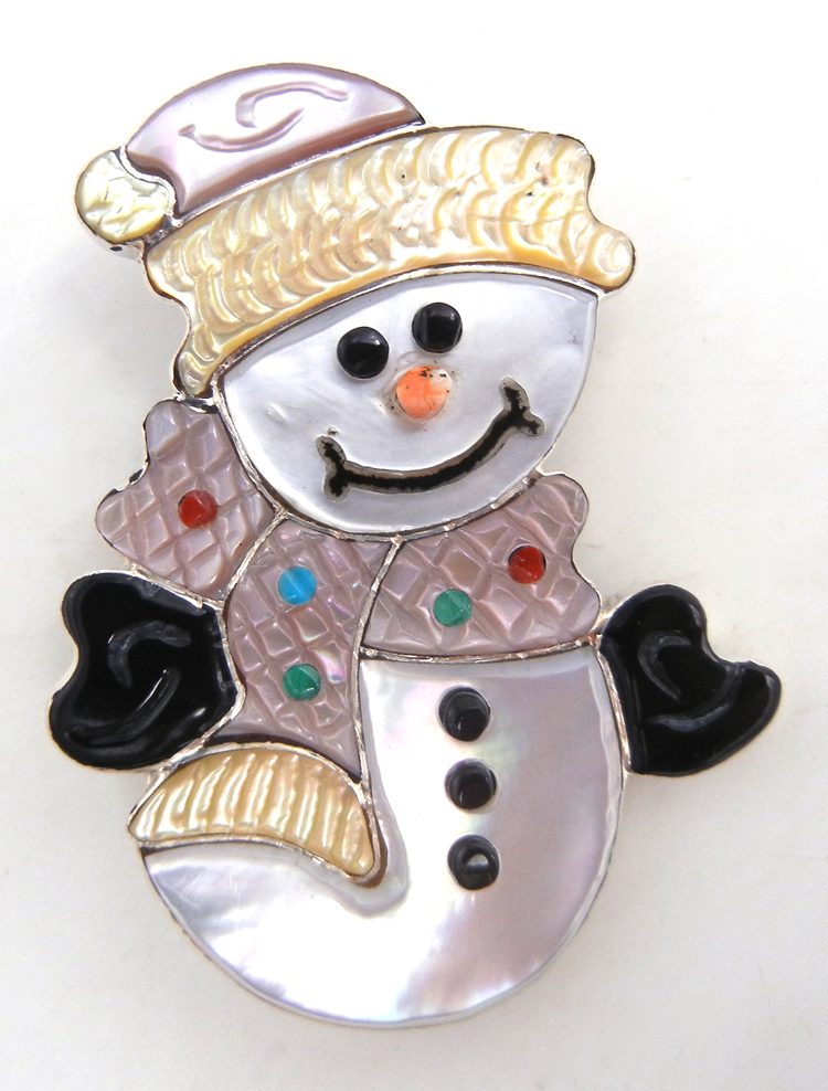 Zuni multi-stone inlay and sterling silver snowman pin/pendant by Tamara Pinto
