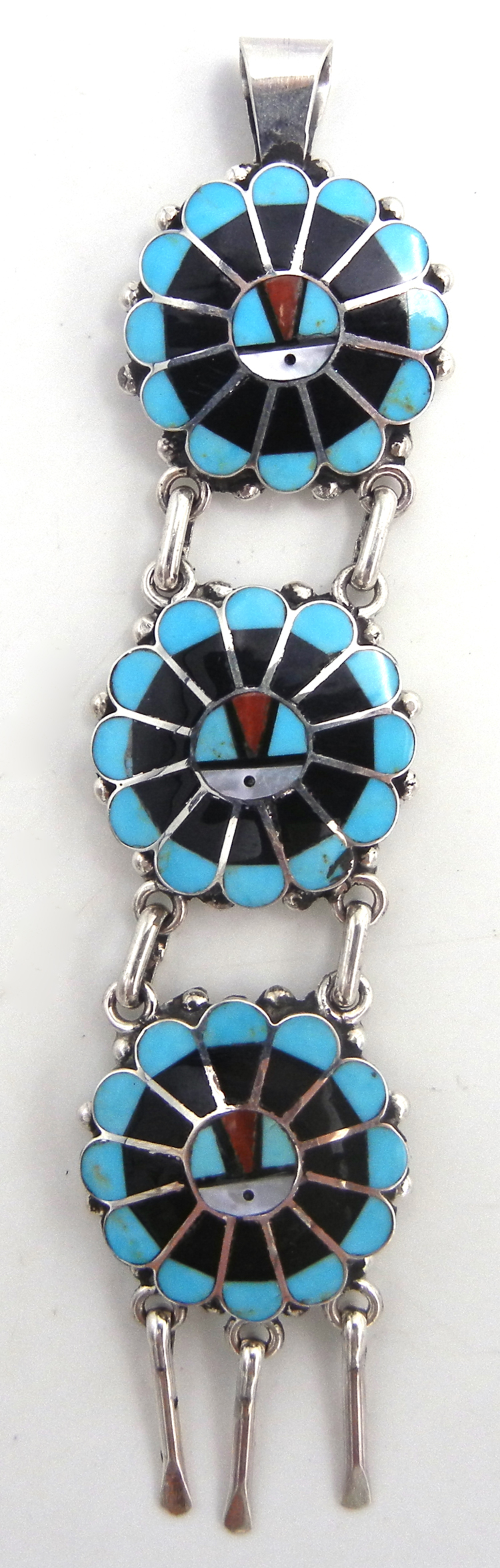 Zuni multi-stone inlay and sterling silver triple sunface pendant