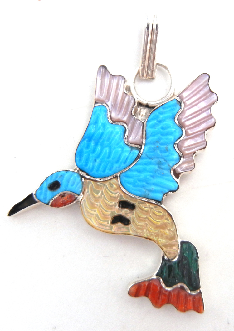 Zuni multi-stone inlay and sterling silver hummingbird pendant by Tamara Pinto