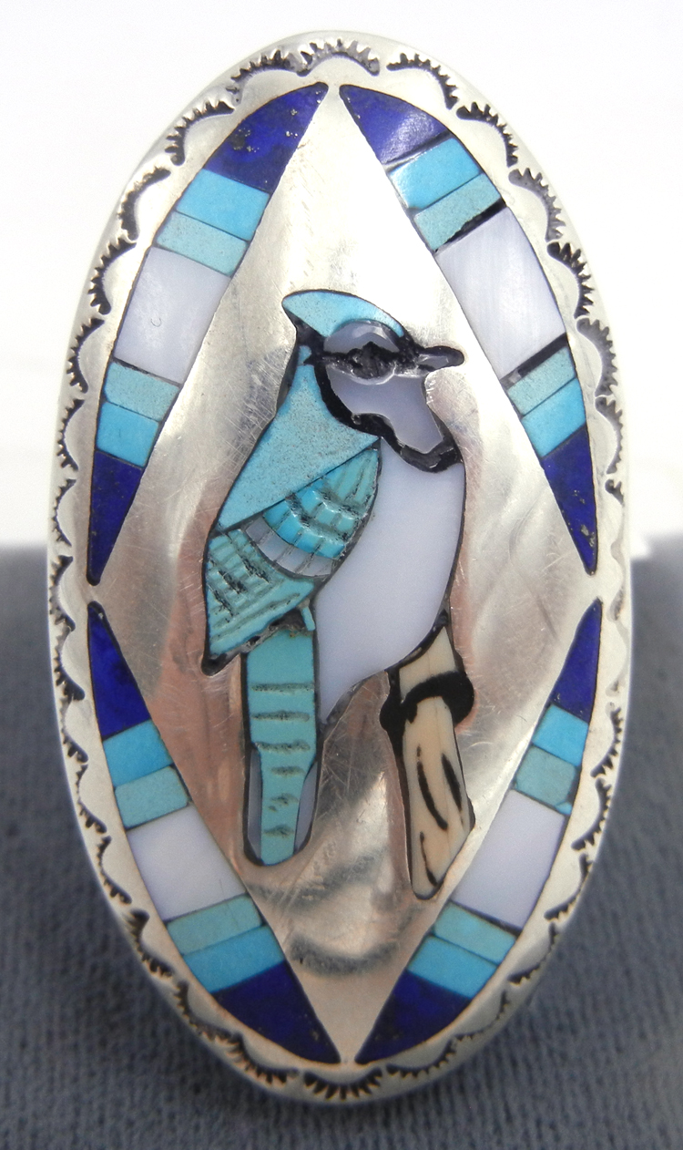 Zuni multi-stone inlay and sterling silver blue jay ring by Quintin Quam