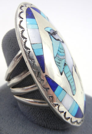 Zuni Quintin Quam Multi-Stone Inlay and Sterling Silver Large Blue Jay Ring