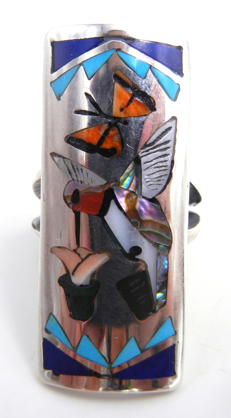 Zuni multi-stone inlay and sterling silver hummingbird and butterfly ring by Quintin Quam