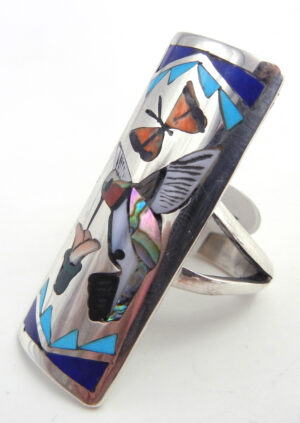 Zuni Quintin Quam Multi-Stone Inlay and Sterling Silver Hummingbird and Butterfly Ring