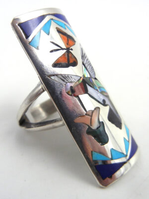 Zuni Quintin Quam Multi-Stone Inlay and Sterling Silver Hummingbird and Butterfly Ring