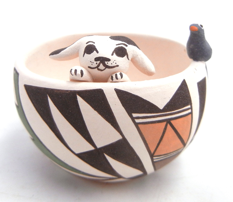 Acoma handmade and hand painted small bowl with dog and bird by Judy Lewis