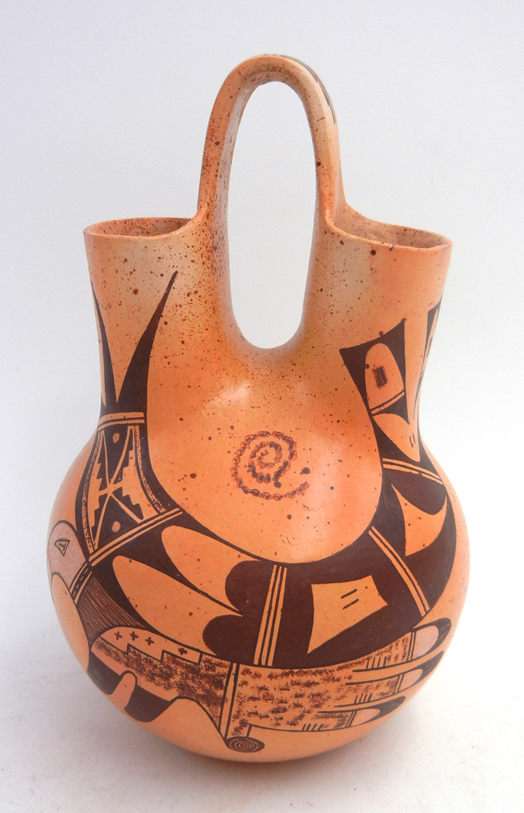 Hopi handmade and hand painted eagle pattern vintage wedding vase by Gwen Setalla, created 1996