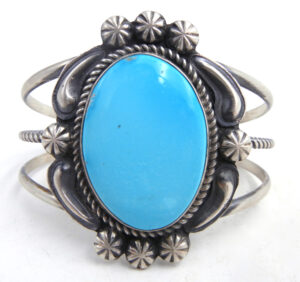 Navajo large turquoise and brushed sterling silver cuff bracelet