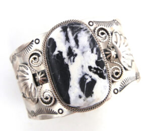 Navajo wide band sterling silver and white buffalo cuff bracelet