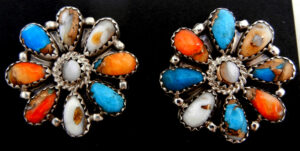 Navajo composite orange spiny oyster shell and turquoise cluster earrings with sterling silver by Ophelia Moses