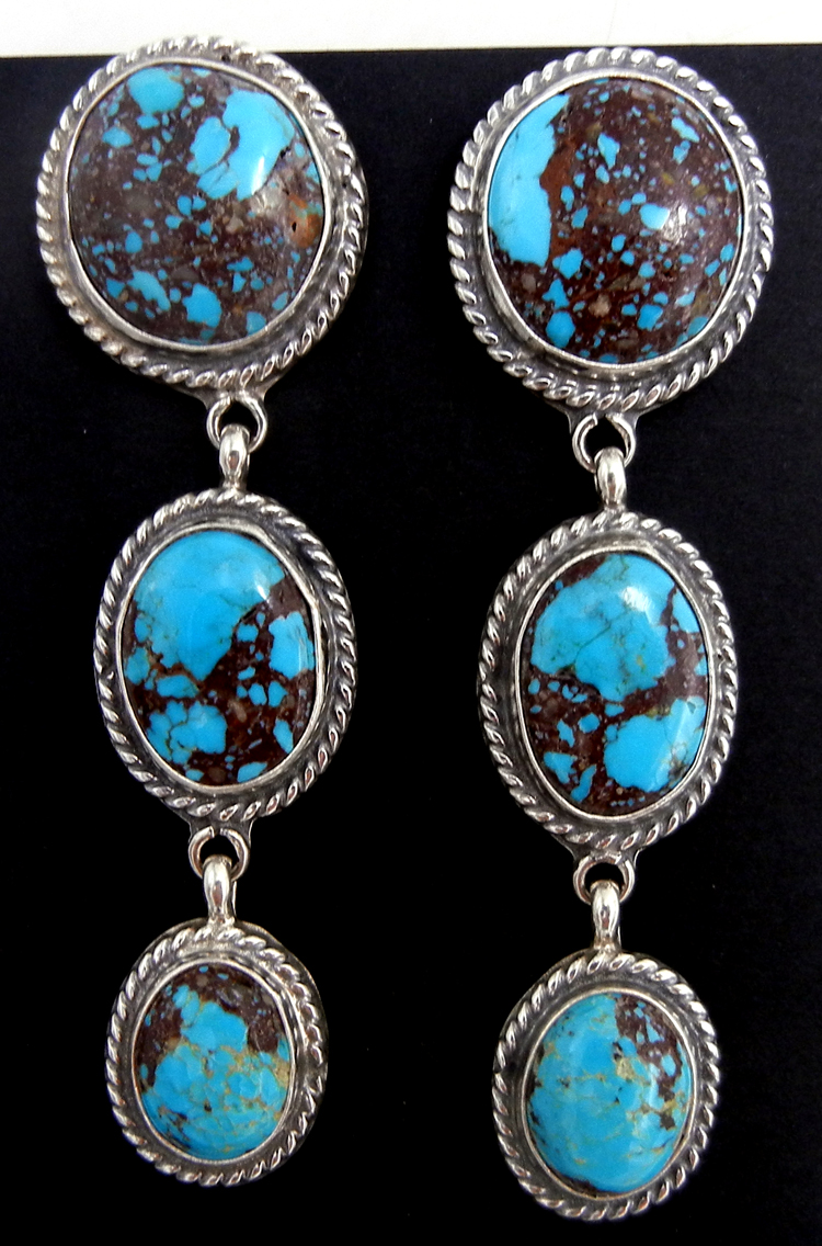 Navajo three stone turquoise and sterling silver post dangle earrings