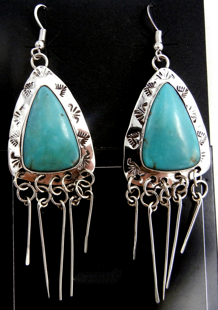 Navajo large turquoise and sterling silver dangle earrings