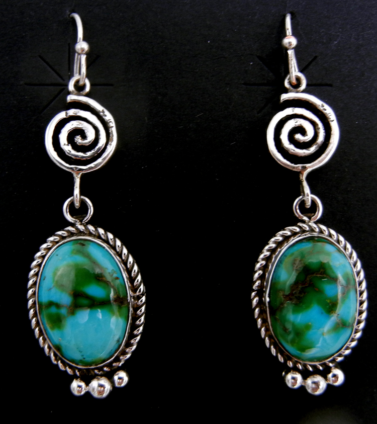 Navajo green turquoise and sterling silver dangle earrings with sterling whirlwinds by Lee Sandoval