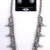 Navajo small Dry Creek turquoise and sterling silver squash blossom necklace and earring set