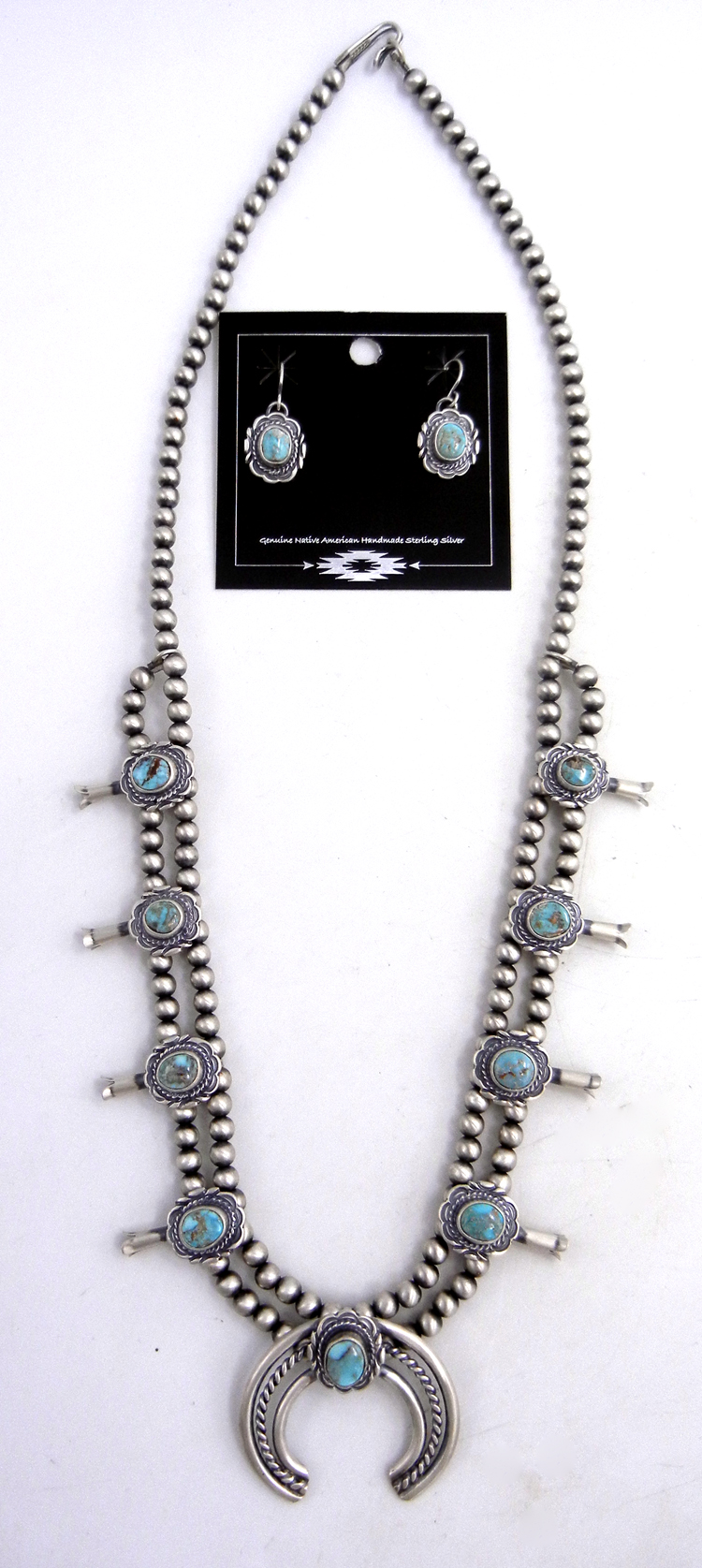 Navajo small Dry Creek turquoise and sterling silver squash blossom necklace and earring set